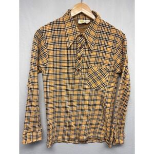 Golden Vee Flannel Shirt Mens Yellow Plaid Regular Endura Press Vintage Hippie